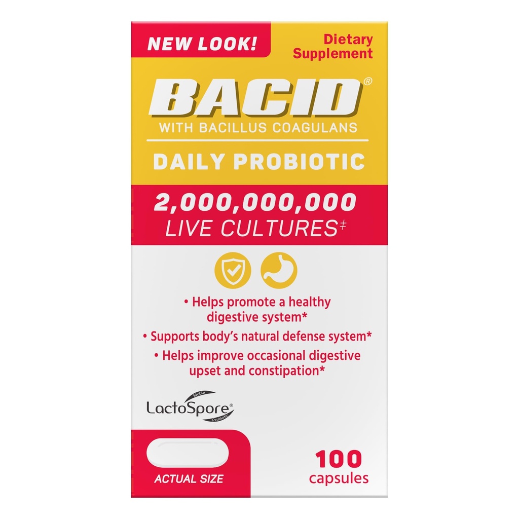 Bacid Daily Probiotic con Bacillus Coagulans, integratore alimentare per la salute digestiva, 100 capsule