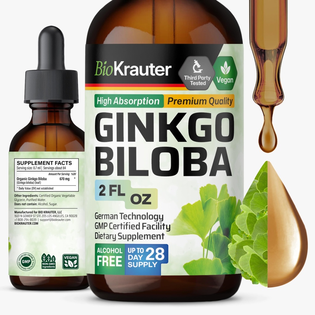 BIO KRAUTER Ginkgo Biloba Estratto - Liquid Ginkgo Biloba Integratori per Cervello - Vegan, Alcol & Sugar Free - 2 Fl Oz