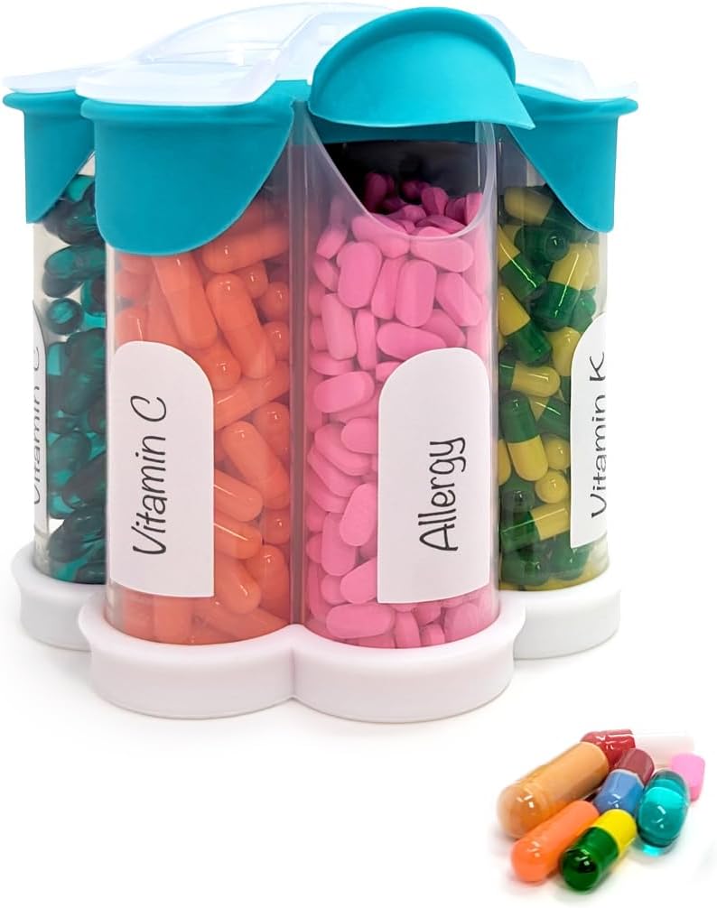 Extra Large Pill Organizer Daily, Weekly, Bottiglia di supplemento mensile, Dispenser di pillole di Blossom carino con 7 XL scomparti, Scatola di pillole facile apertura per vitamine, farmaci, Etichette incluse (Teal)