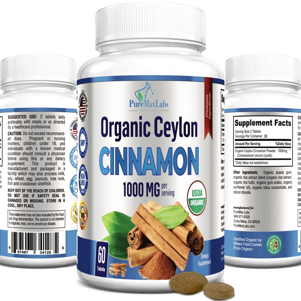Cannella di Ceylon Organico - 1000mg per Serving, Integratore di Cannella Vero Organico Certificato, Antiossidante, Assorbimento Veloce - 60 compresse