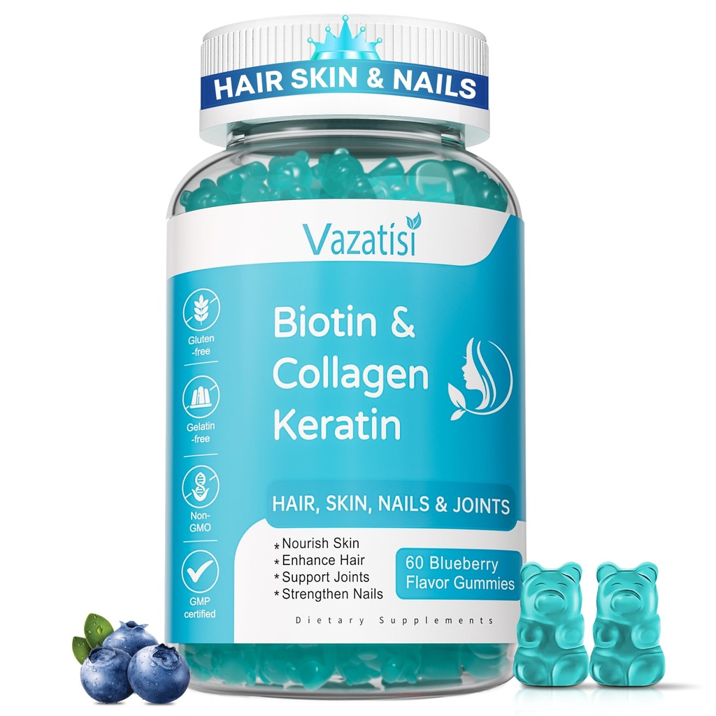 Biotin Gummies con Collagen & Keratin per Chiodi per Capelli - Supporta la crescita dei capelli e chiodi più forti, Donne Uomini, Bambini - 60 Blueberry Gummies aromatizzati