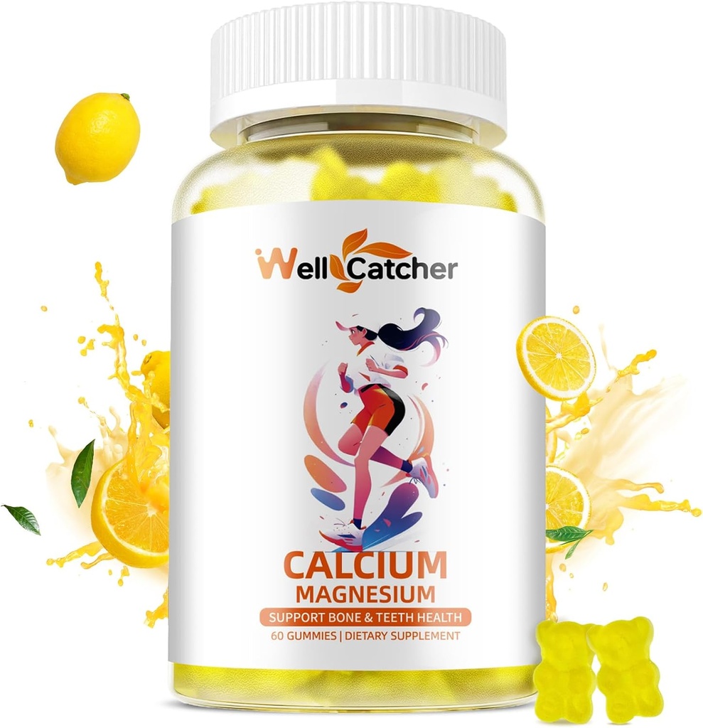 Calcium Magnesio Gummies Adulti Bambini - Zucchero Gratuito Chewable Vegan Algae Calcium Integratori per Donne Men Support Plus Bone Strength con Zinc Potassium Vitamin D3 K2 Limone Flavor 60CT