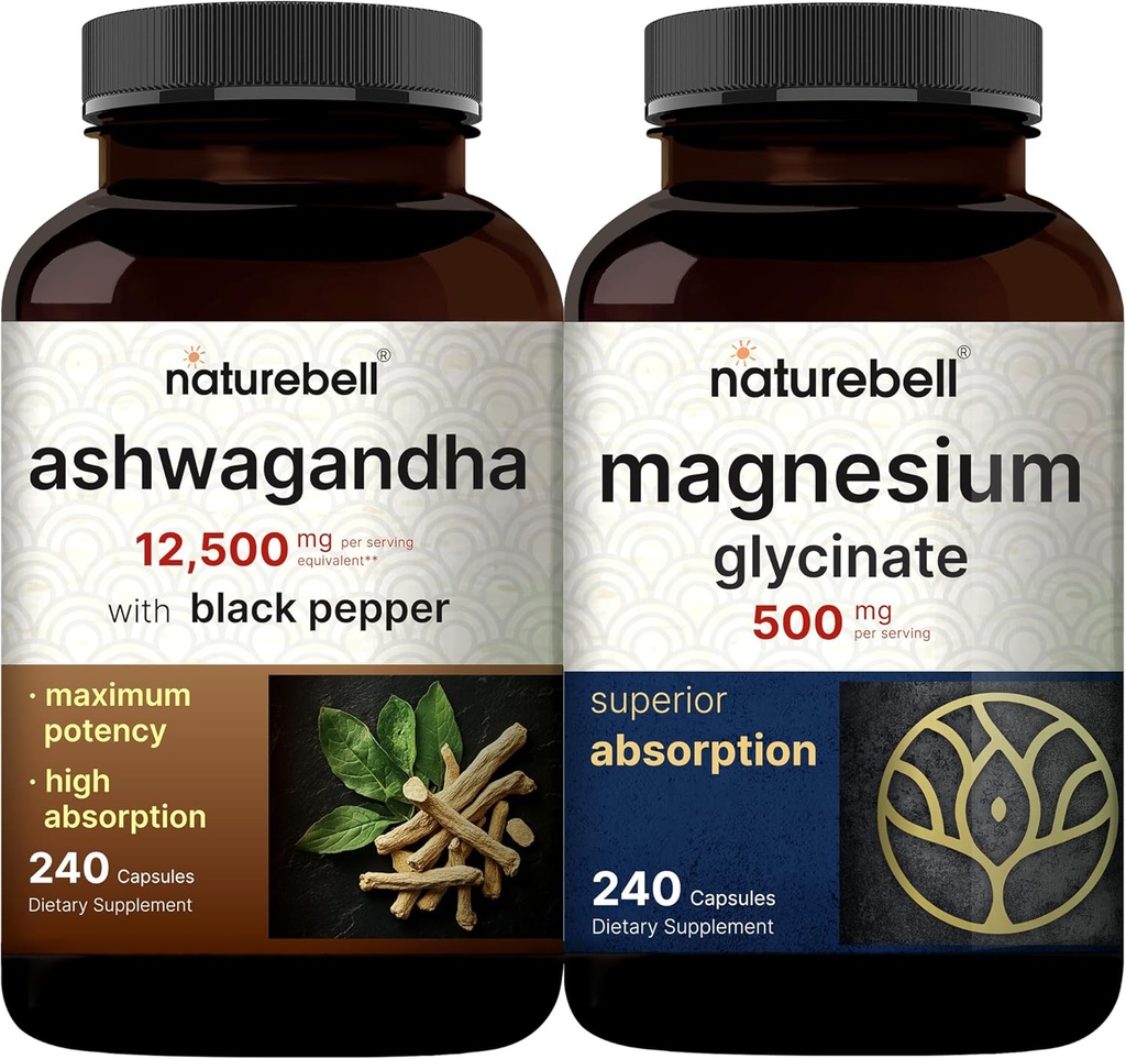 NatureBell Magnesium Glycinate Capsule 500mg & Ashwagandha 12.500 mg Equivalente con Black Pepper Bundle Pack | Minerali chelati e purificati | Adaptogens Supplements for Relaxation