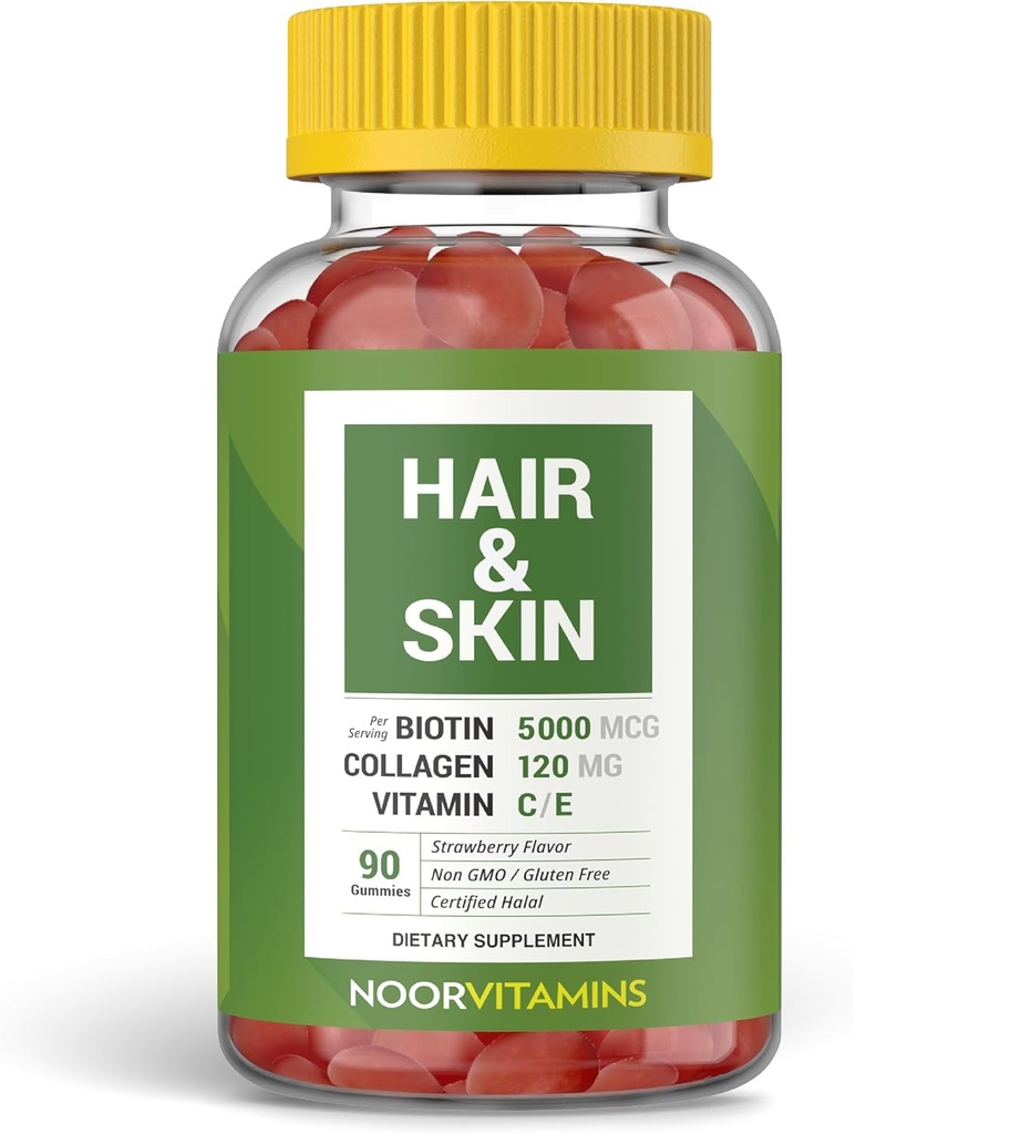 Vitamine di Noor Capelli Halal Vitamine Biotina, Collagene, Silica, Vitamina C & E Supporta Capelli, Pelle & Salute Unghie; Vitamine Natural Strawberry Gummy. OGM, Gluten Free & a Certified Halal Vitamin (90 Count)