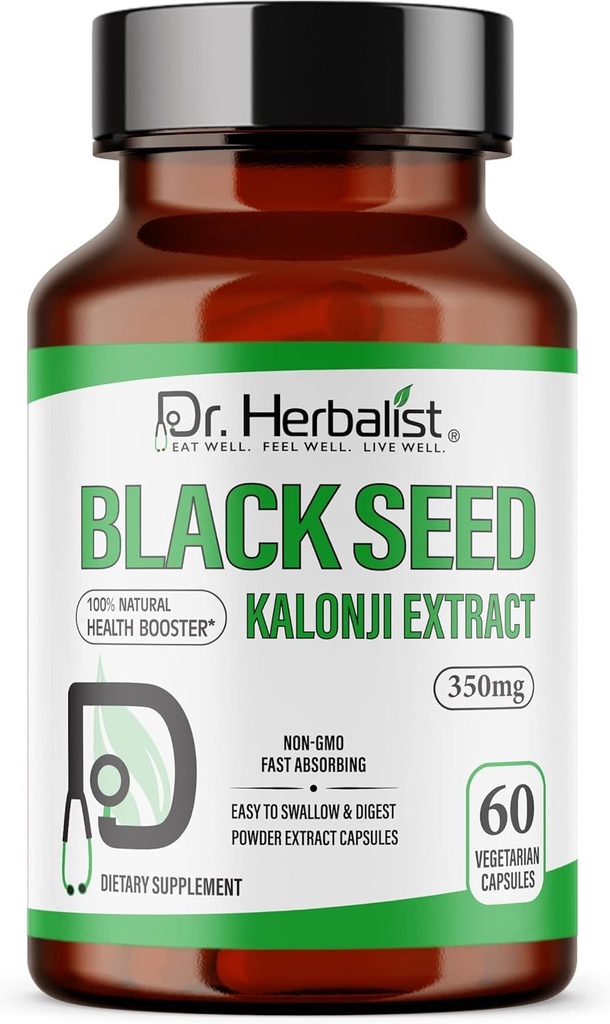 Dr. HERBALIST Black Seed Extract 350mg – 60 Vegan Capsules | 10:1 Extract = 3.500mg Raw Black Seed Powder | Premium Nigella Sativa Supplemento | High Thymoquinone | Natural Wellness Support