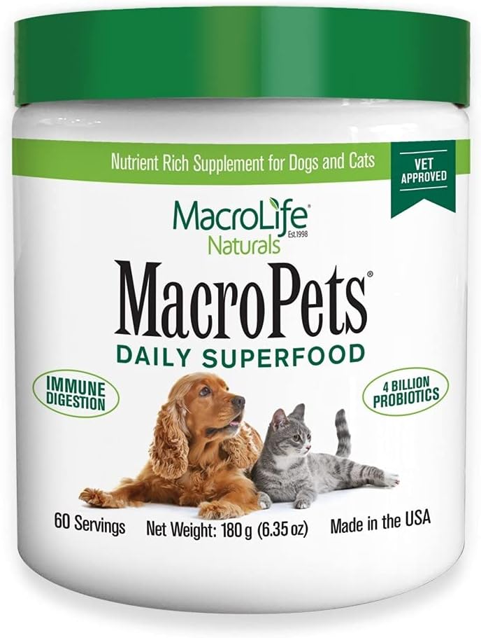 MacroLife Naturals MacroPets Greens Superfood Supplemento polvere Topper per il gatto del cane Piccolo mammifero, Nutrizione naturale Boost Probiotics Enzimi digestivi Vitamina E - Immune Gut Health & Energy - 6.35oz