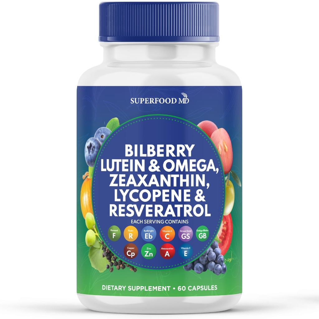 Superfood MD Eye Health Vitamine con Bilberry Lutein & Zeaxanthin Lycopene Resveratrolo Seed Extract Astaxanthin- AREDS 2 - Eye Vitamin - 60 capsule