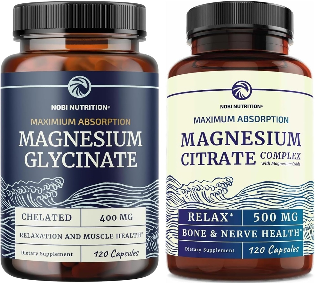 Magnesio Glycinate 400mg (120ct) & Magnesio Citrato 500 MG (120ct) | Alto assorbimento, Calma, Rilassamento, Digestione e supporto muscolare | Complesso non OGM Magnesio