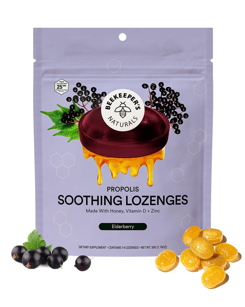 Naturals dell'apicoltore Lenitivo Miele Elderberry Cough Drops Supporto immunitario con Vitamina D, Zinco e Propolis Throat Lozenges rilassante, 14 Ct