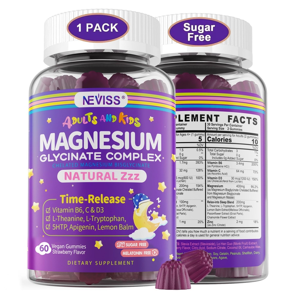 Magnesio Glycinate Gummies per Adulti & Kids 4+, Zucchero Gratuito Magnesio Bisglycinate Supplemento 400/200mg con B6D3, 5HTP, L-teanina per il sonno & Relax, Cervello, Muscolo, Melatonina Gummies gratis,1Pack
