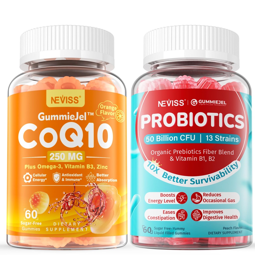 NEVISS Zucchero-Free CoQ10-250mg / 500mg Filled Gummies + Sugar Probiotici Gratis Gummies