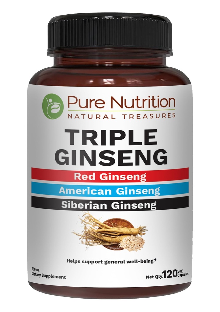 Pure Nutrition Triple Ginseng 650mg | 120 Caps | Complesso per uomini e donne | Combinazione altamente efficace di Ginseng rosso, americano e siberian. Non OGM