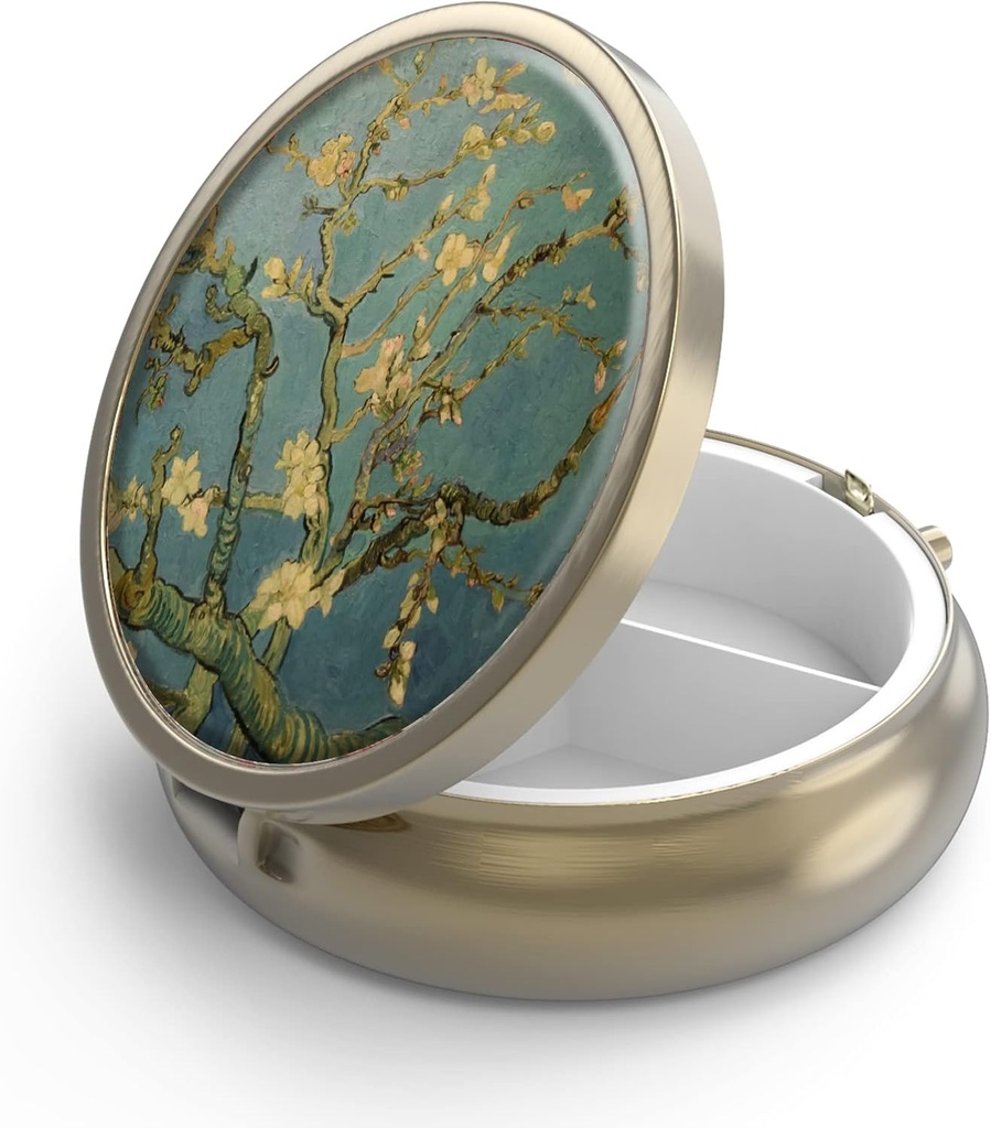 Pill Case Pill Box con Specchio Retro 3 scomparti Piccolo Pillola Case per Purse o Pocket Bronze Small Roud Pill Box o Vitamine, Olio di Pesce, Integratori, Pillola Containe Regali di viaggio(Arte Vangogh)
