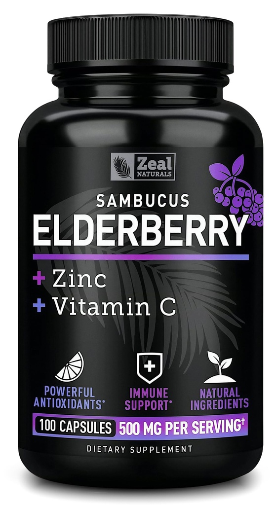 Zeal Naturals Max Strength Elderberry Capsule + Zinc + Vitamina C | 500mg per il supporto del sistema immunitario con Sambucus Elderberry nero | 100 Count | 3-in-1 Supporto immunitario per gli adulti