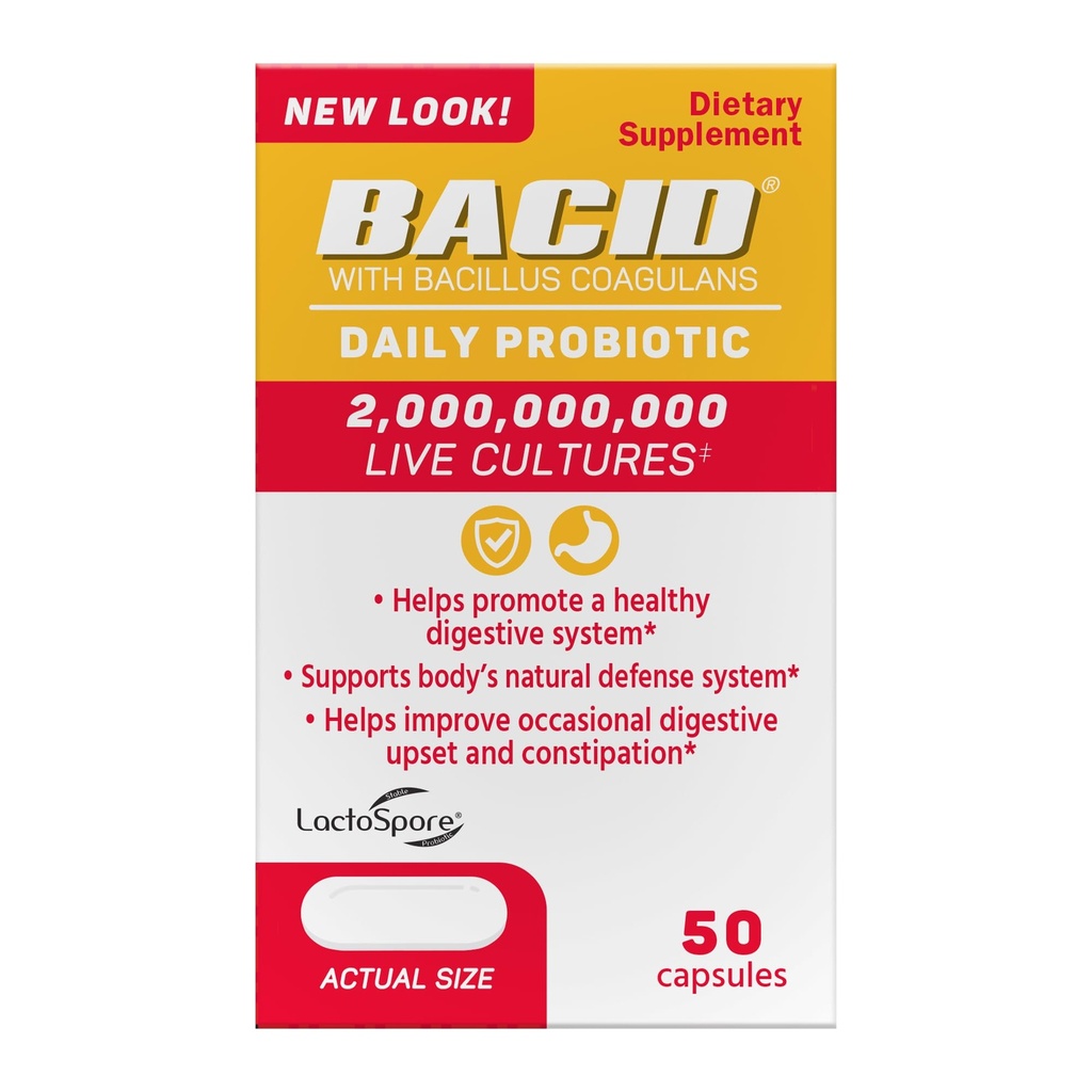 Bacid Daily Probiotic con Bacillus Coagulans, 50 Count, Supplemento Digestione per migliorare la costipazione occasionale