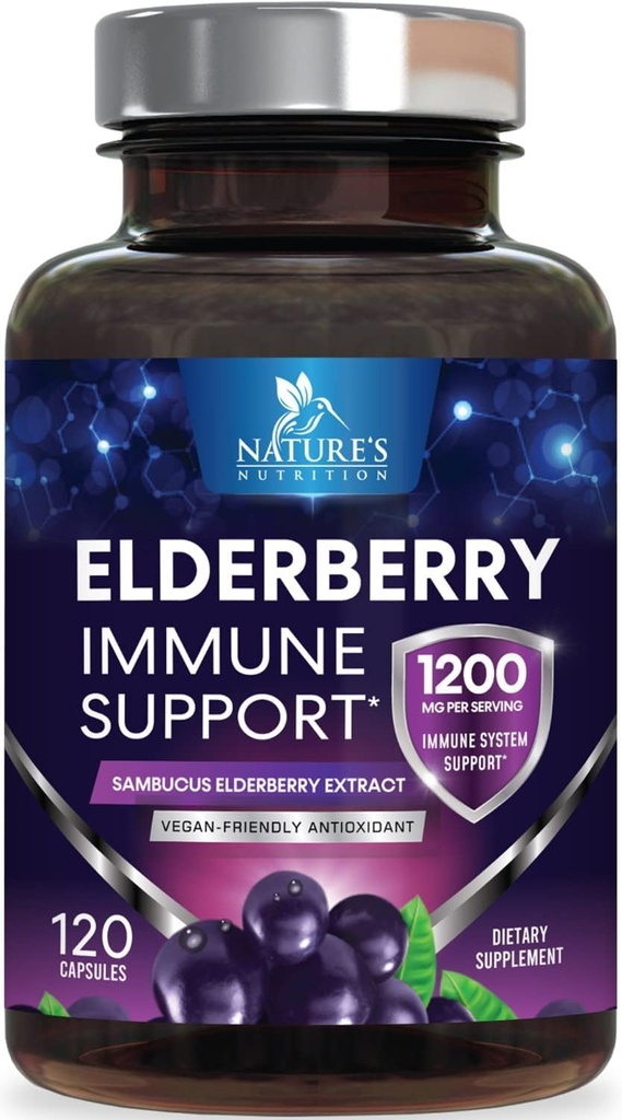 Supporto immunitario di sambuco 1200mg - Supporto immunitario giornaliero per gli adulti con estratto di sambuco concentrato di sambuco nero - Supplemento di vitamina antiossidante, senza glutine, in bottiglia negli Stati Uniti - 120 capsule
