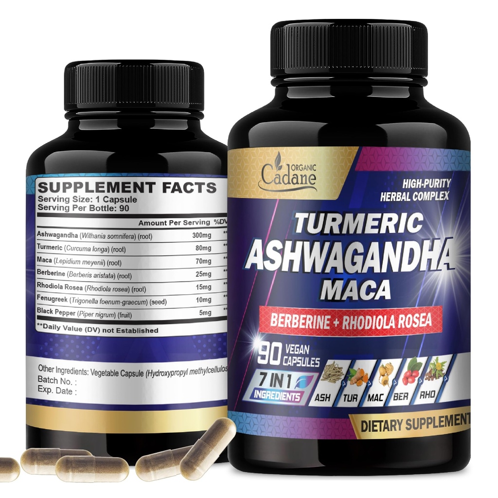 Organic Cadane Ashwagandha Supplementi - Memoria, Immune System & Strength Support - 7in1 Concentrato con curcuma, Maca Root, Berberine & More - 90 Vegan Capsule per 3 mesi di alimentazione