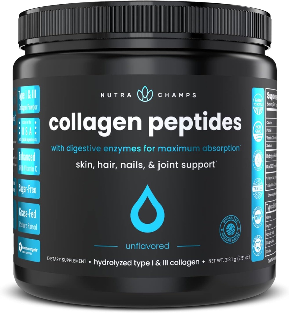 Polvere di peptidi di collagene - Assorbimento potenziato, Doppio idrolizzato, Grass Fed, Polvere di proteina di Keto con vitamina C - Supplemento Premium per la crescita dei capelli, pelle, unghie, articolazioni e ossa, non aromatizzato