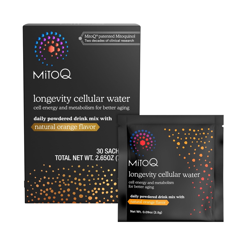 MitoQ Longevity Cellular Water Daily Powdered Drink Mix Natural Orange Flavor - Mitochondria-targeted Antiossidante - Cell Energy and Metabolism for Better Aging (Orange, 30 Packets)