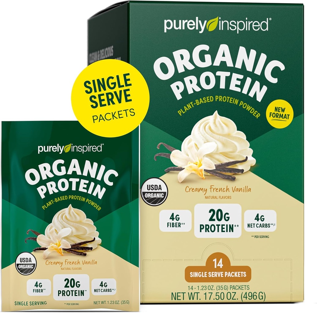 Polvere di proteina organica puramente ispirata, 14 confezioni singole di servizio, vaniglia cremosa - 20g di polvere proteica basata sulle piante per Smoothies & Shakes - Dairy-Free, Non-OGM - per uomini e donne