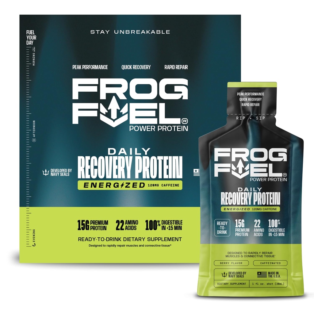 Rana Carburante Alimentatore Energizzato Proteine Shot, 15g Protein Nano-Hydrolyzed Grass Fed Collagen, 120mg Caffeina, Grasso & Zucchero Libero, 22 Aminoacidi, 0 Carbi, Berry, 1 oz Packets, 24 Pack