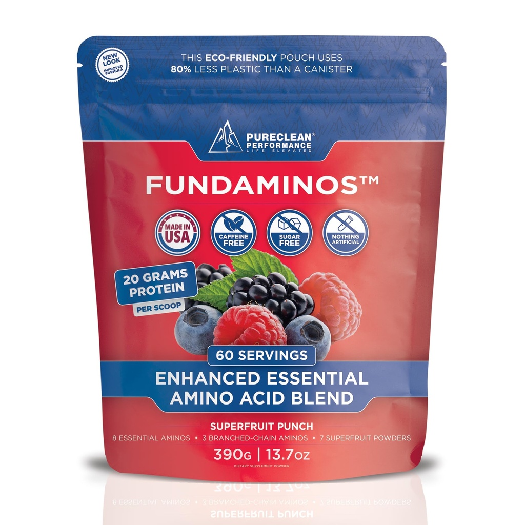 FundAminos EAA + BCAA Amino Acid Powder | Organic, Vegan, Plant-Based | Aminoacidi essenziali completi per la nutrizione di tutti i giorni | Ottimizzato utilizzo delle proteine | Risparmio di Superfruits Blend - 60 Servings