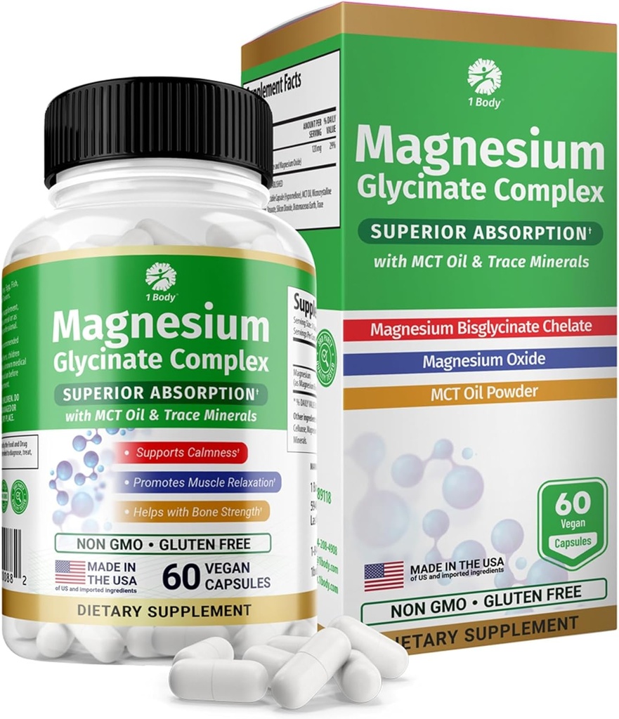 1 Corpo Magnesio Glycinate Complex, Alto assorbimento Magnesio Supplemento per calma, Rilassamento muscolare & Bone Salute Supporto, Vegan con MCT Oil & Trace Minerals, Non-GMO, 60 capsule