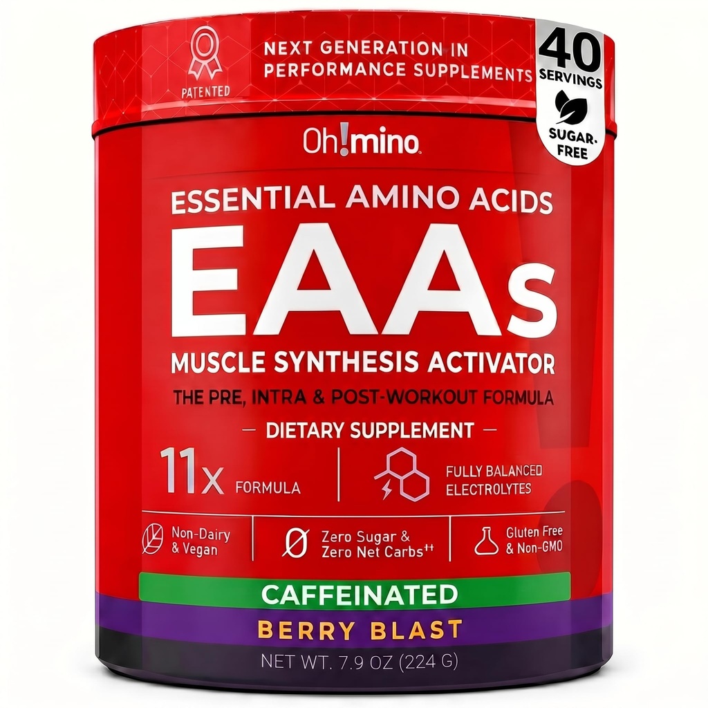 Oh!mino Aminoacidi essenziali supplemento. Polvere caffeina. Tutti 9 EAA, BCAA e l'ammino perfetto per allenamenti, amino energia, e per costruire il muscolo, e recuperare più veloce.