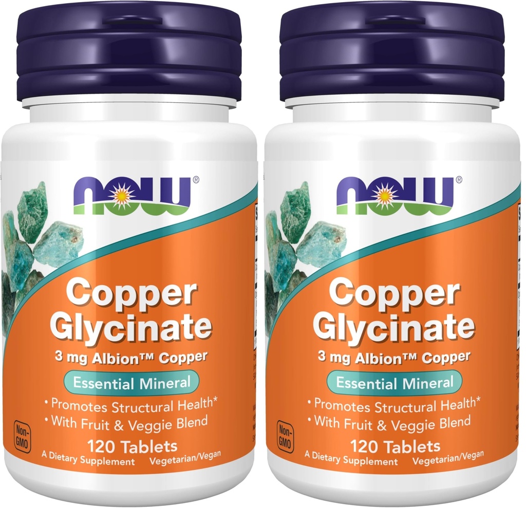 NOW Integratori, Copper Glycinate con 3mg Albion Copper, promuove la salute strutturale*, 120 compresse, Grigio chiaro, Tan (Pack of 2)