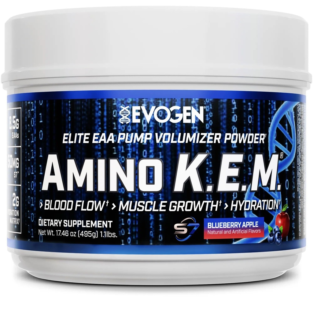 Evogen Amino K.E.M. - Volumizer della pompa della polvere di EAA & BCAA | BCAAs Aminoacidi Supplemento per flusso sanguigno, crescita del muscolo, & Hydration | Mela di mirtillo | 30 Serve
