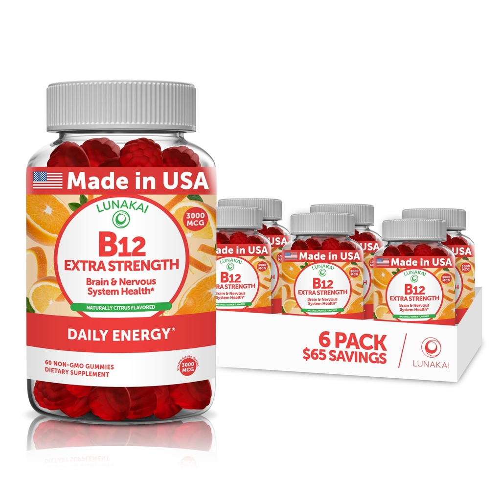 Vitamina B12 Gummies per Adulti - Tastiest Formula Proprietario - 3000mcg Methyl B-12 High Absorption Energy Gummies - Non-GMO Vegan Vit B12 - Chewable B 12 per il supporto energetico e la salute del Bone - 6 Pack