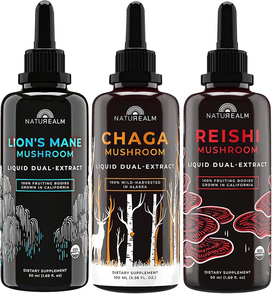 Naturealm Lion’s Mane, Reishi, & Chaga Mushroom Extract - Adaptogen Stack for Focus, Immunity, Longevity, Gut Health, Anti-Aging, Energy, Healing, & More - Organic Liquid Drops - 50 mL Ogni (3 Pack)