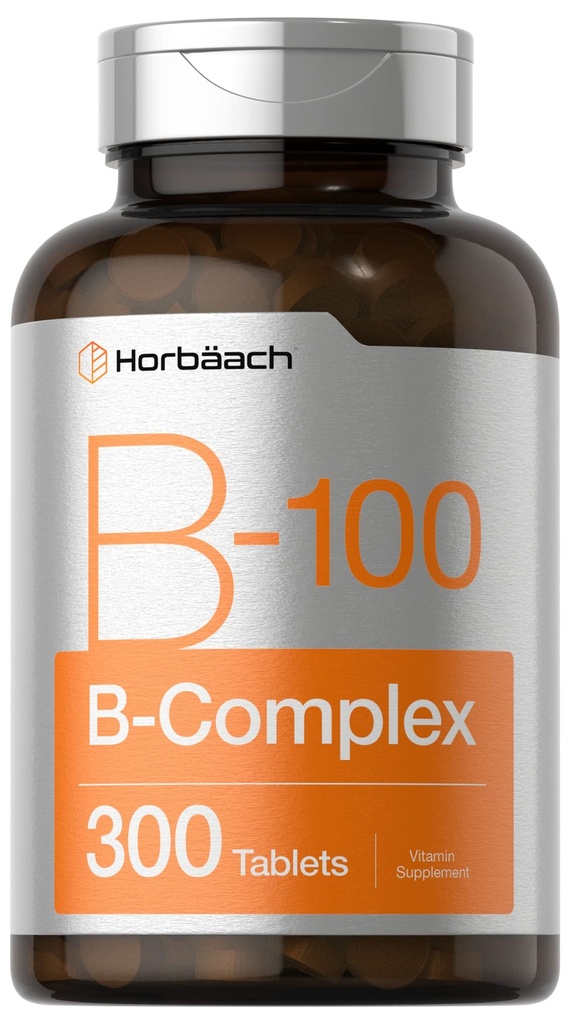 Horbäach Vitamina B-100 Complesso | 100% del valore giornaliero | 300 compresse | Vegetariano, Non OGM e Gluten