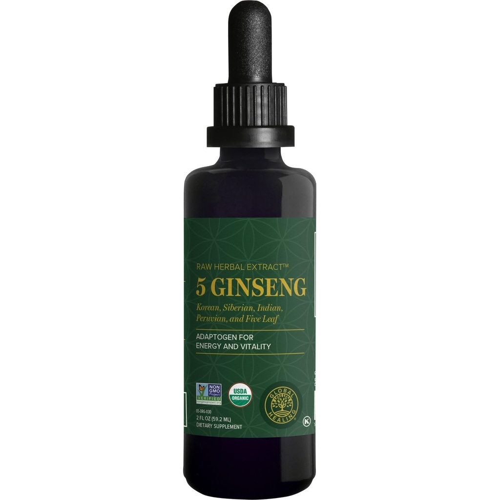 Global Healing Center - Ginseng - Organic Raw Herbal Extract - Liquid Panax Supplement Drop promuove l'energia - Coreano e Siberiano Ginseng Supplemento, Maca, Ashwagandha - Non-GMO - 2 Fl Oz