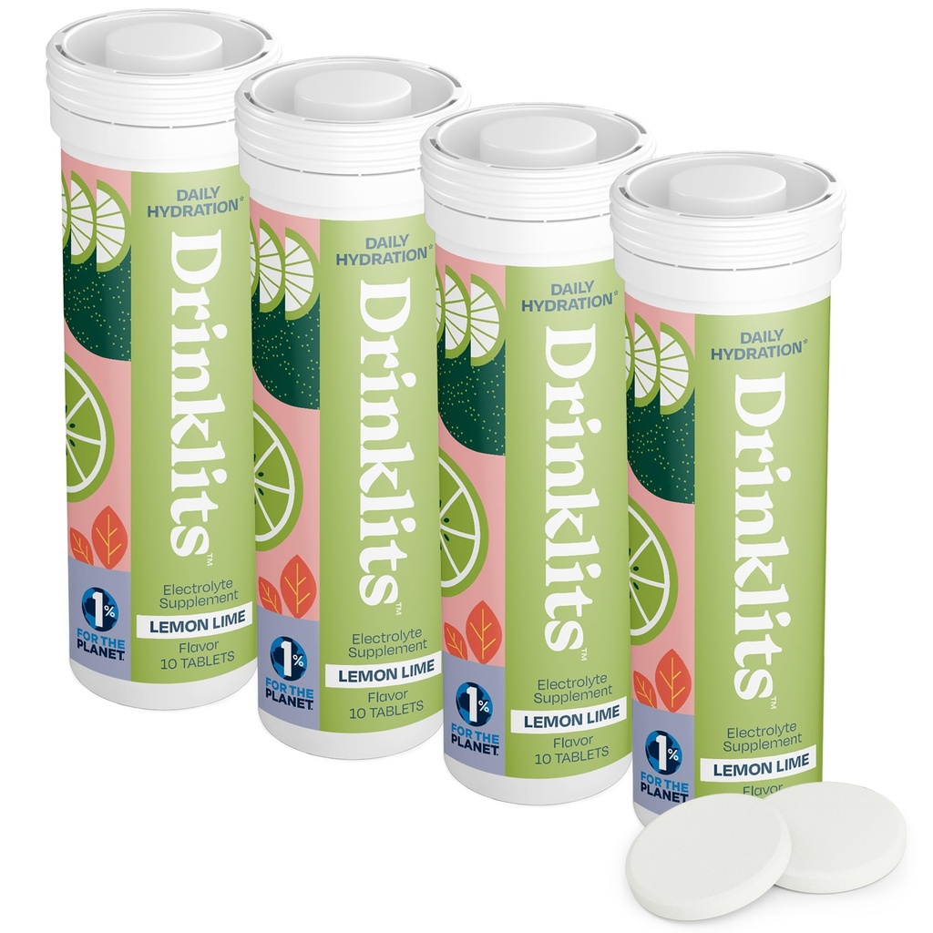 Drinklits Lime Daily Electrolyte Hydration Tablets (4) Tube Bundle | Natural Sports Drink – 0g Zucchero – Ottimo sapore | 40 Serve - 10 compresse per tubo