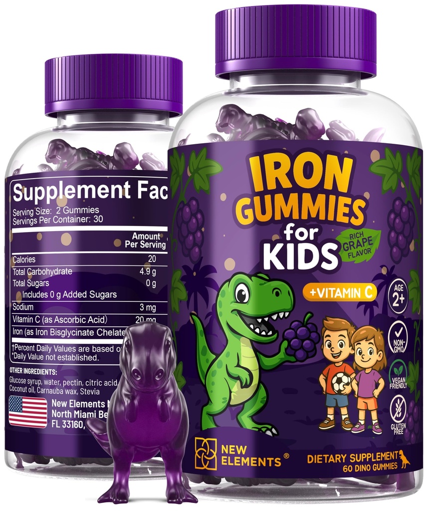 Gummie di dinosauro di ferro per bambini con vitamina C | Zucchero-Free, Vegan, senza glutine e non OGM | Rilievo di anemia, Energy & Blood Health Support