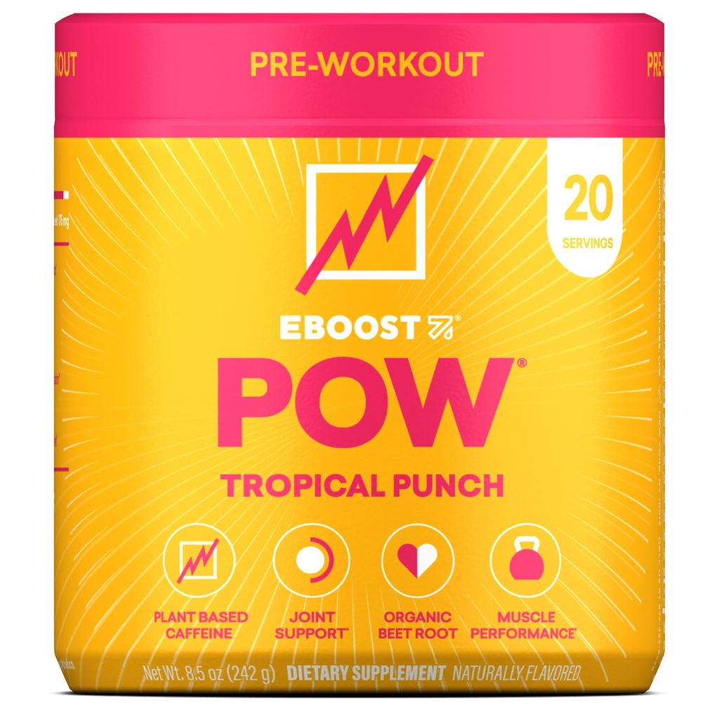 EBOOST POW polvere naturale pre allenamento – 20 Serve - Punch tropicale - Un supplemento pre allenamento per prestazioni, supporto di mobilità comune, energia, messa a fuoco - Uomini & donne - Non OGM, senza glutine, senza creatina