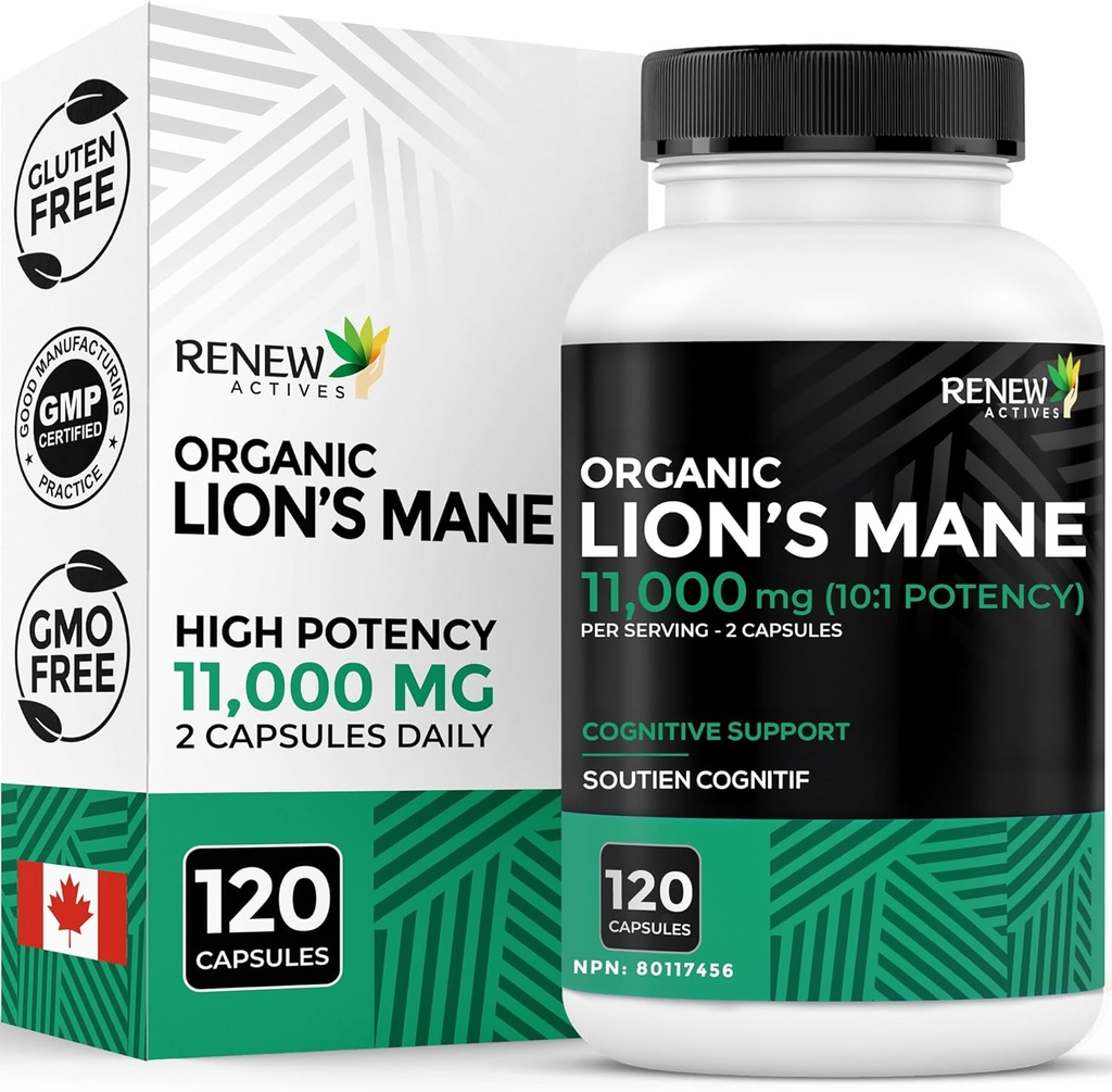 Renew Actives Premium Organic Lion's Mane Mushroom 1100MG per 2 Capsule - Supporta funzione cerebrale, Memoria, Focus, Stress Relief & Immune Health, Non-GMO, Vegan - Made in Canada - 120 Capsule