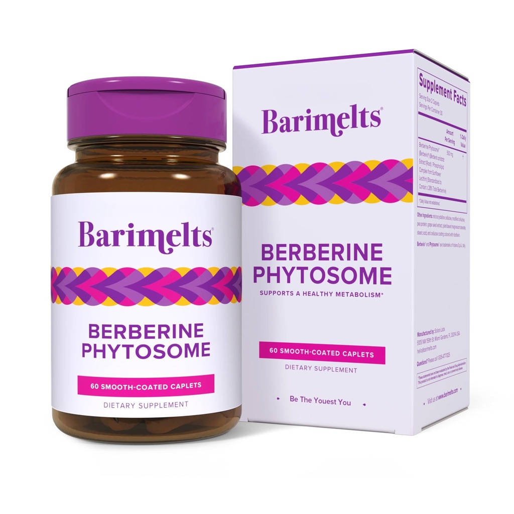 Barimelts Berberine Phytosome 550mg per gli utenti GLP-1 e i pazienti baratici - Supporto Metabolismo - 60 Caplets con rivestimento liscio (1-Month)