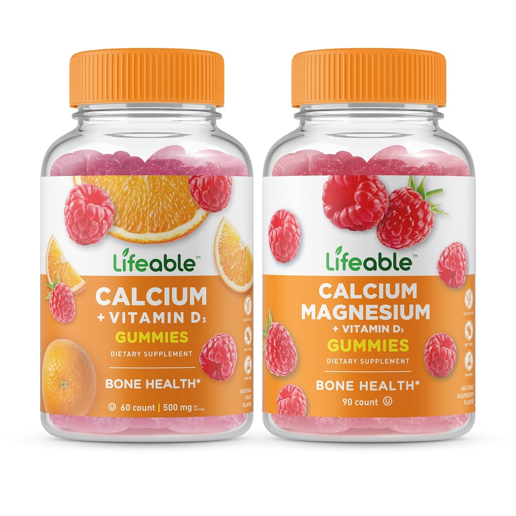 Calcio vitale con vitamina D + Magnesio di calcio, Gummies Bundle - Grande degustazione, Supplemento di vitamina, Senza glutine, OGM libero, Masticabile