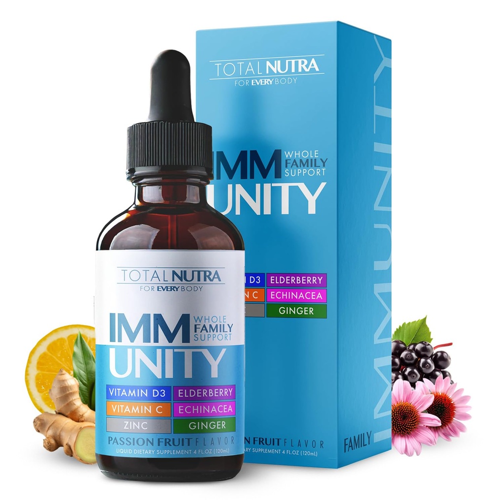 Integratore multivitaminico liquido 6-in-1 Immune | 100% Zinco quotidiano, Vitamina D3, L'immunità della vitamina C Drops Vitamin Liquid | Elderberry, Echinacea, Supporto allo zenzero per adulti e bambini | Frutta della passione di 4 oz