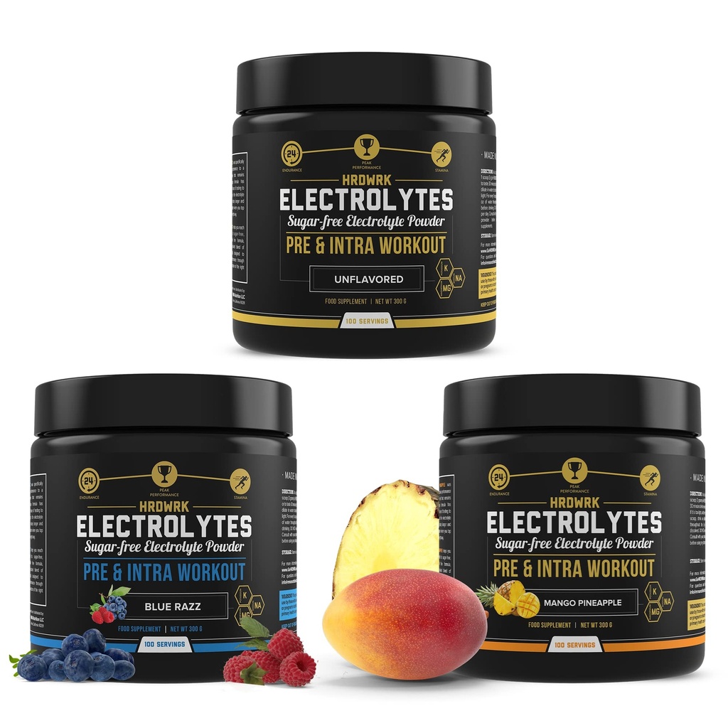 MMA Nutrition HRDWRK - 100 Servings Keto Electrolytes Powder Hydration Sugar Free - Polvere di elettrolita per aumentare la resistenza e ridurre la fatica con elettroliti Supplement Set di 3