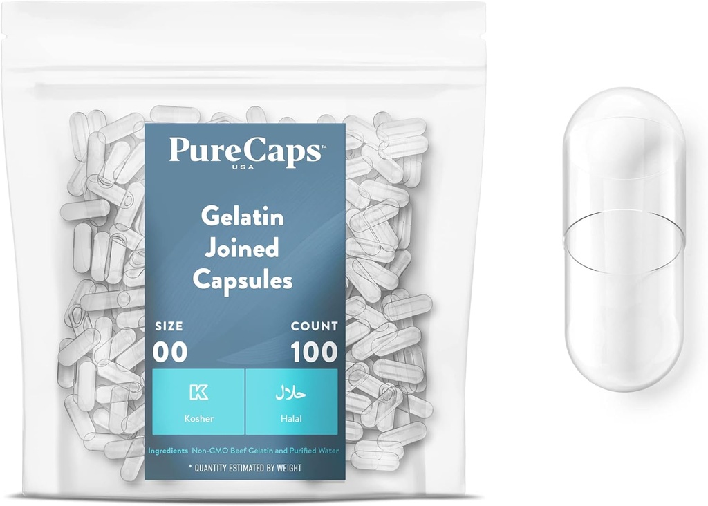 PureCaps USA - Empty Gelatin Capsules Size 00| 100 Pills Joined| Clear| Non-GMO Certified| SLS, Gluten, Preservative Free