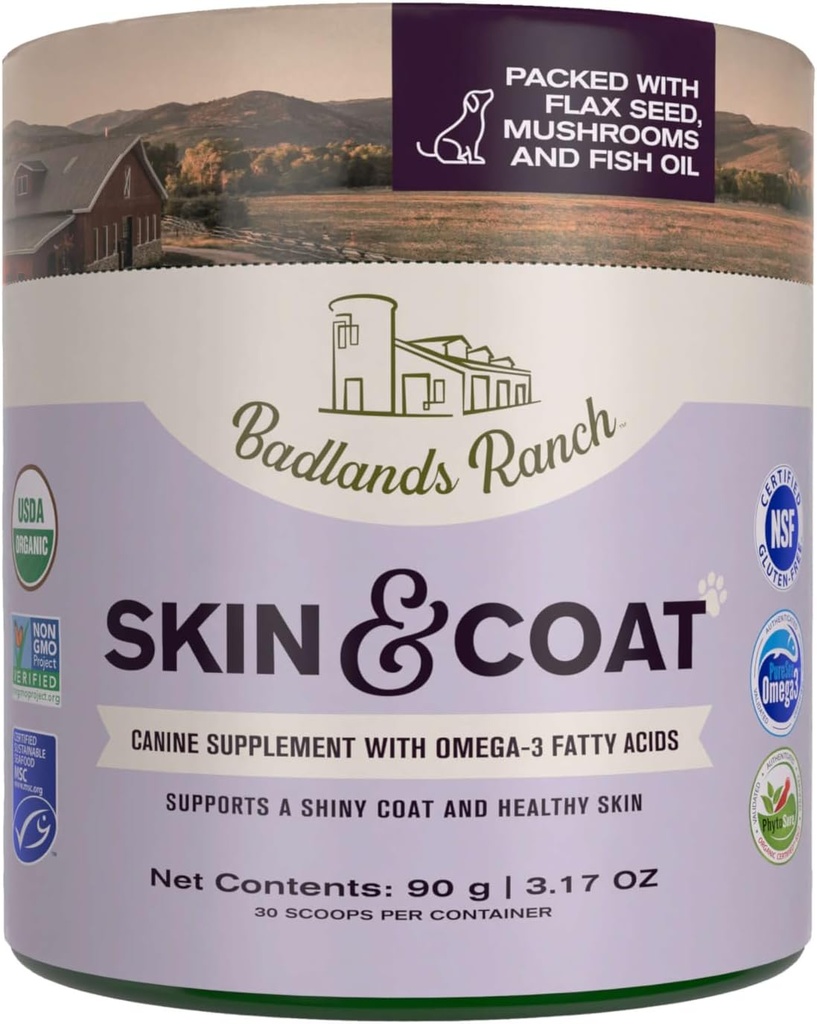 Badlands Ranch - Skin & Coat Canine Supplement w/Omega-3 Grassty Acids, Org. Ingredienti, Antiossidante Topper, Nourish Coat &Paws, Joint, Supporto Shiny Coat & Healthy Skin di Katherine Heigl (30 Scoops)