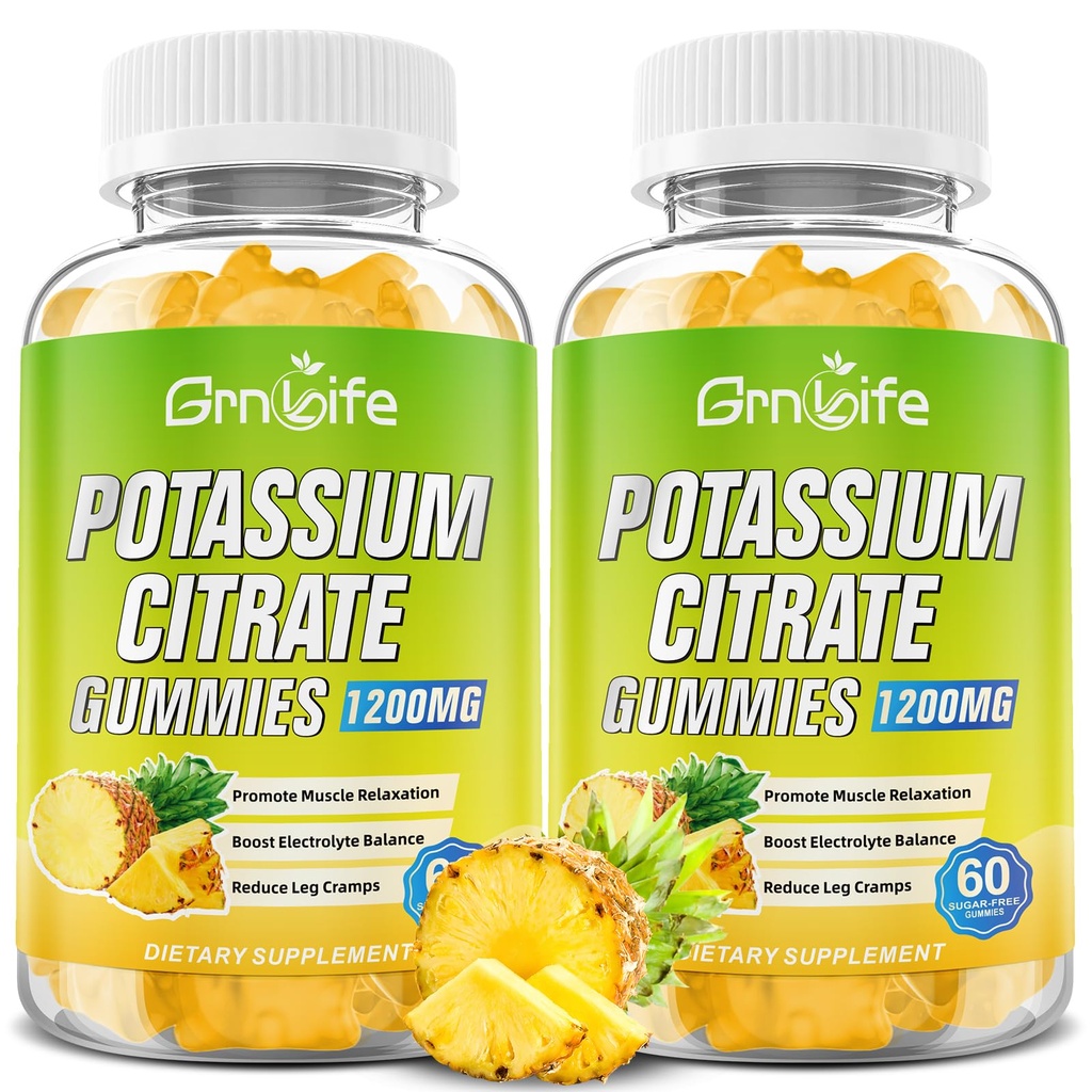 Gummies Citrato di potassio, Gummies supplemento alto di potassio 1200mg supporto Gambe &amp; salute del muscolo, per adulti & bambini, Vegan, Sapore di ananas 120 Conte