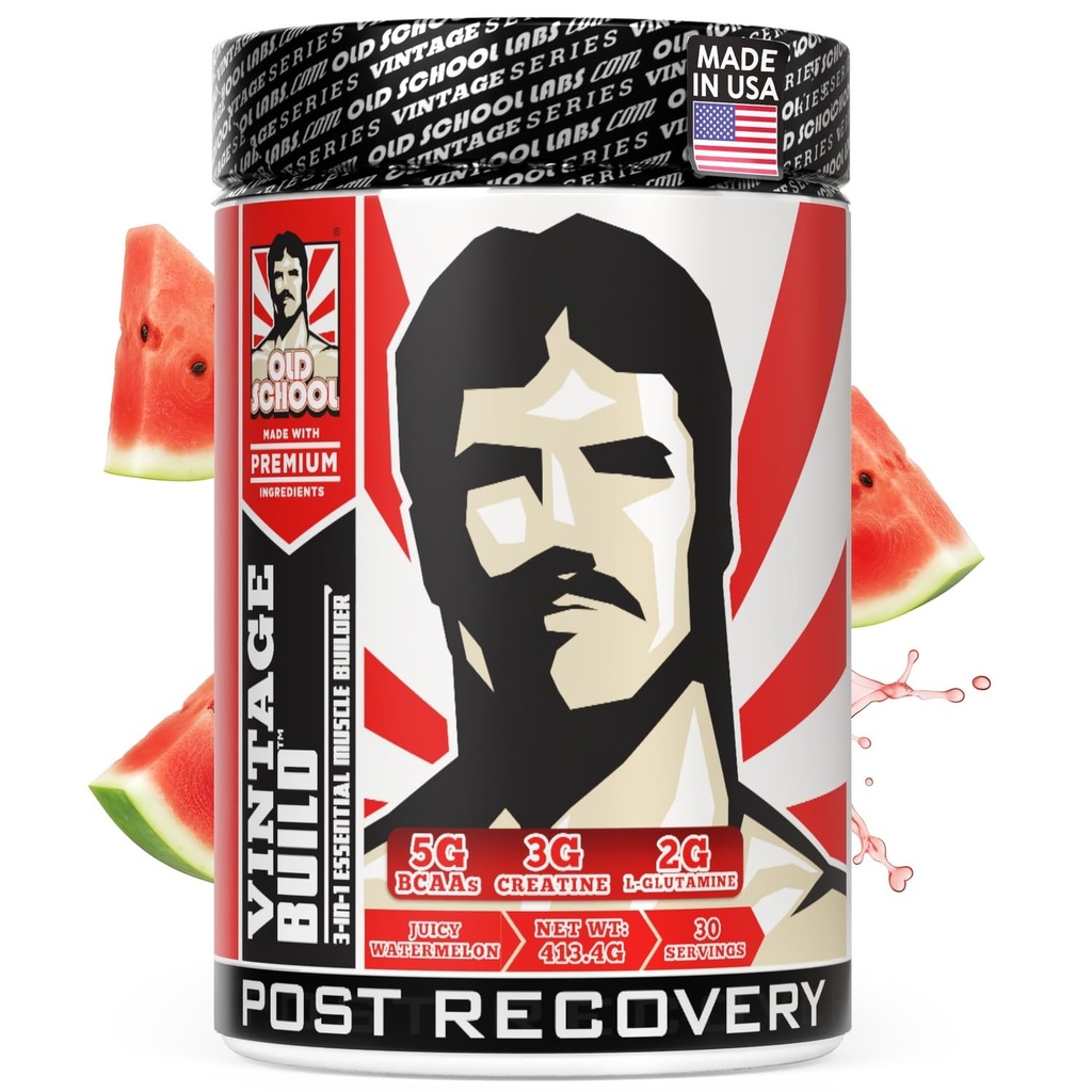 Vintage Build – Post Workout Recovery & Muscle Building Powder Drink for Muscular Strength & Growth - Riduce il dolore – Creatina Monoidrato, BCAA, L-Glutamina – Juicy Watermelon Flavor – 388g