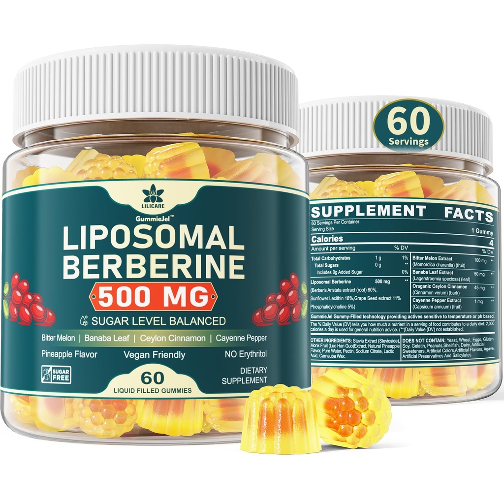 Berberina 500mg Supplemento, Una volta Quotidiano, Gummie Liposomiche con Ceylon Cinnamon, Melone Bitter, Foglia Banaba per Metabolismo Equilibrato, Attivatore AMPK, Alta Assorbimento, Zucchero Libero, Vegan, 60 Ct