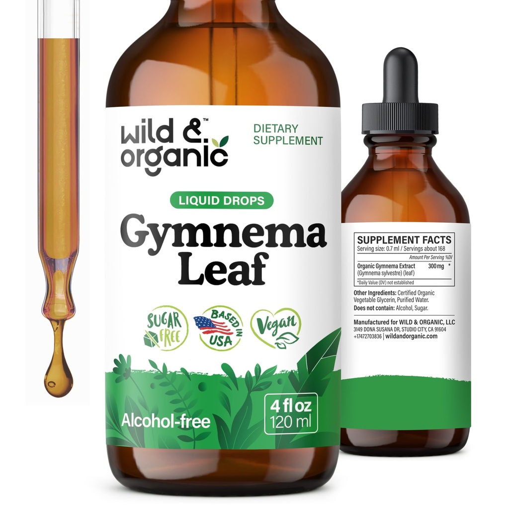 Gocce di estratto di Sylvestre e Gymnema Organic - Integratori senza zucchero di Gymnema Sylvestre - Gurmar in polvere Tintura a base di polvere - Vegan, Alcohol-Free Leaf Liquid Drops - 4 fl oz