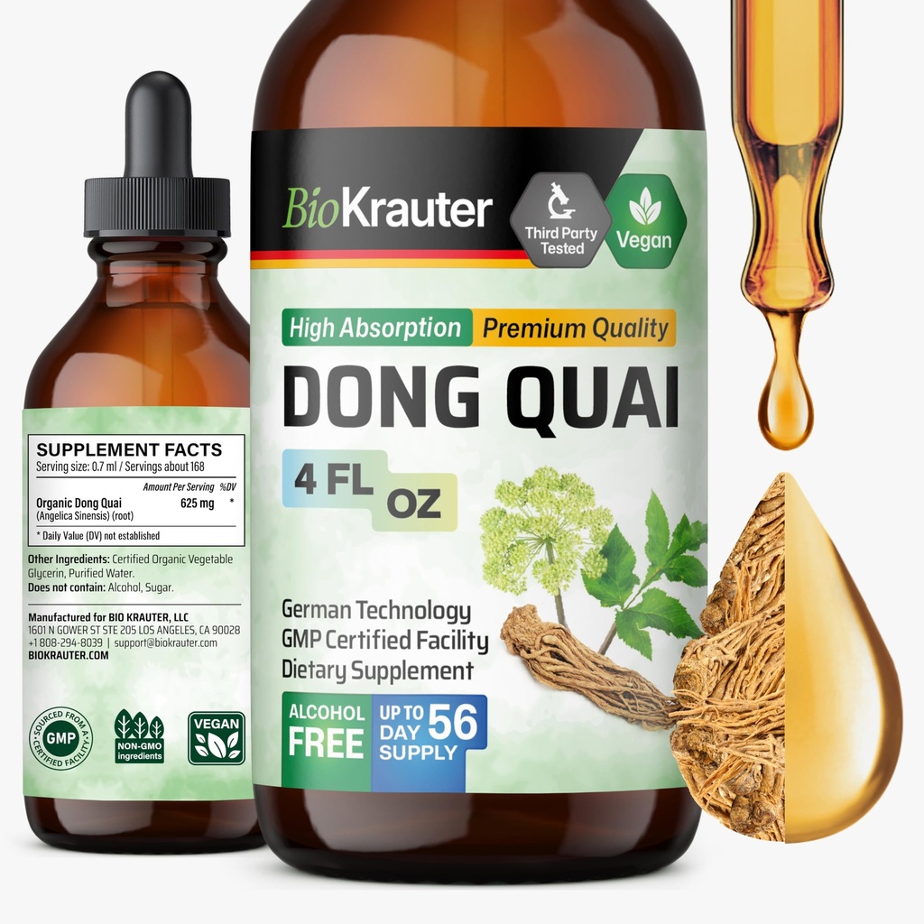 BIO KRAUTER® Menopause Supplementi per le donne* - Dong Quai Drops 4 Fl.Oz 56 Giorni di fornitura - Vegan Angelica Root Tintura per il supporto di menopausa - Alcol & Sugar Free - Relax & Women's Wellness