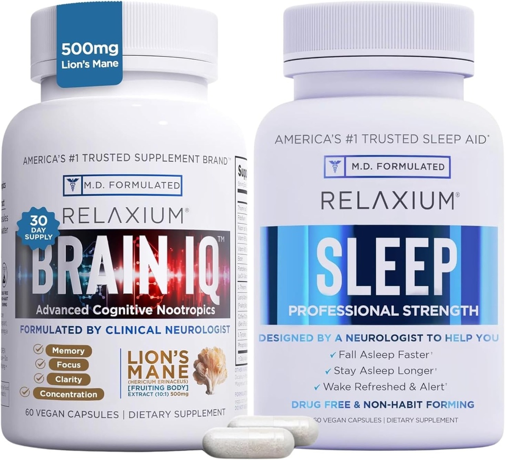 Relaxium Sleep Aid 60 Capsule + BrainIQ Nootropic Brain Integratori 60 Capsule (Family Pack Sleep & Brain Bundle)